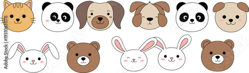 Cute animal faces vector set, cartoon icons of cat dog panda rabbit bear, flat line style kawaii design isolated
