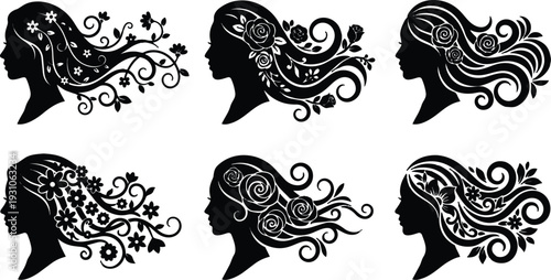 Floral silhouette vector set six female profiles with flowing ornamental hair side view decorative rose and daisy motifs elegant black
