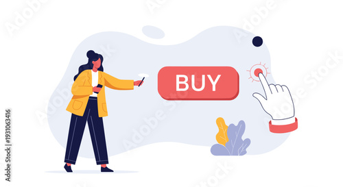 Graphic illustration showing a woman holding a phone next to a large red buy button being clicked by a hand, depicting modern online shopping.
