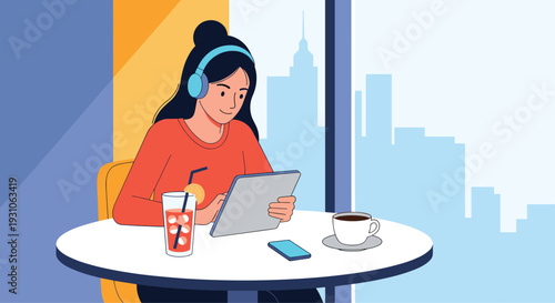 Smiling woman wearing headphones works on a tablet at a cafe table with drinks and a view of the sprawling city skyline.