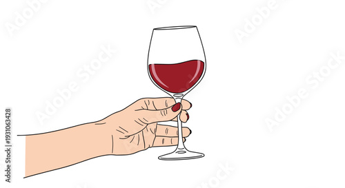 Elegant female hand holds a large wine glass filled with rich red wine against a clean and minimalist white background.