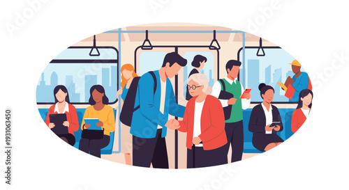 Diverse group of commuters including a young man helping an elderly woman occupy a busy subway train carriage in the city.