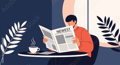 Man in an orange sweater sits at a cafe table reading a newspaper called Newest with a cup of hot steaming coffee.