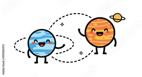 Two happy cartoon planets, one blue and one orange, orbit each other in a friendly space scene with distant stars.