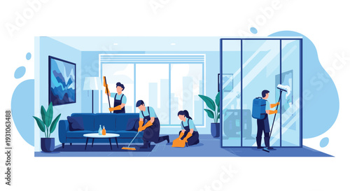 Team of professional cleaners in blue uniforms efficiently cleans a modern living room and its tall glass partitions.
