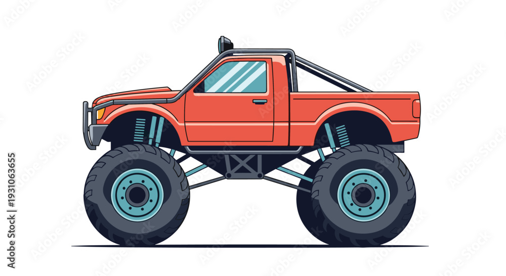 Fototapeta premium Powerful red monster truck with massive tires and a heavy duty suspension system stands ready for action against a white background.