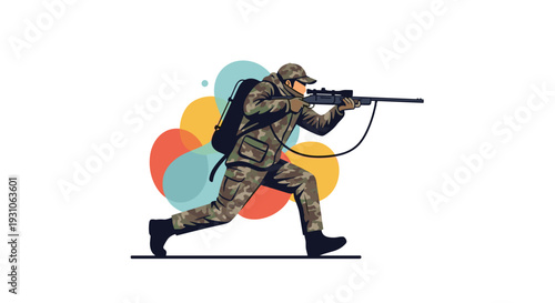Hunter wearing camouflage gear runs while aiming a scoped rifle against a colorful abstract backdrop with vibrant circular shapes.