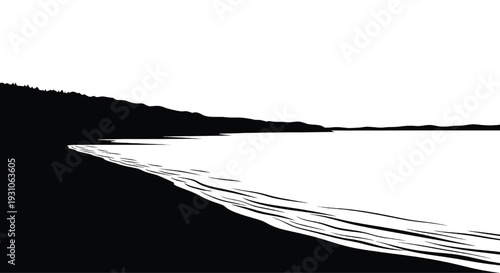 A serene black and white landscape of a beach at sunset