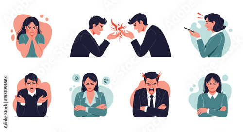 Collection of diverse men and women expressing various levels of anger, frustration, and annoyance through gestures and faces.