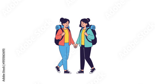 Two young female backpackers hold hands and smile while walking together on a hiking adventure against a clean white background.