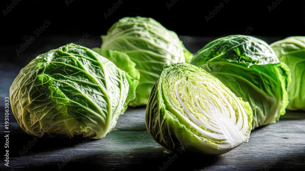 Fototapeta premium Fresh green cabbage cut in half on dark surface, crisp texture of leaves, healthy organic vegetable and natural food ingredient