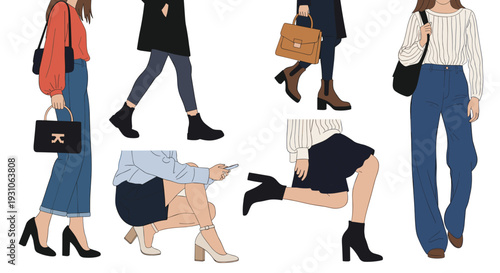 Diverse collection of fashionably dressed people shows off various outfits, shoes, and bags in different poses for a style guide.
