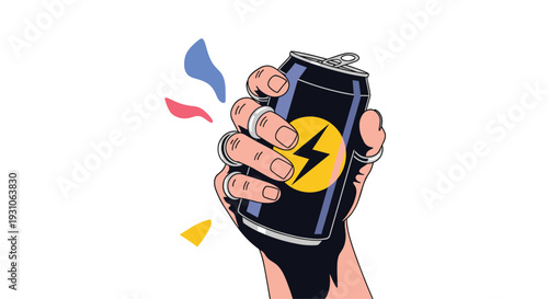 Close up of a hand wearing rings firmly grasping a dark blue energy drink can with a yellow lightning bolt symbol on the label.