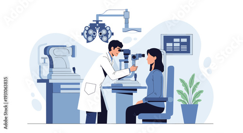 Professional optometrist uses a specialized microscope to examine the eyes of a female patient in a modern eye care clinic.