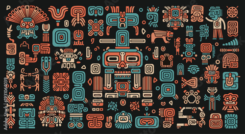 Large set of ancient pre-columbian symbols, figures, and patterns are presented in various colors for a cultural art study.