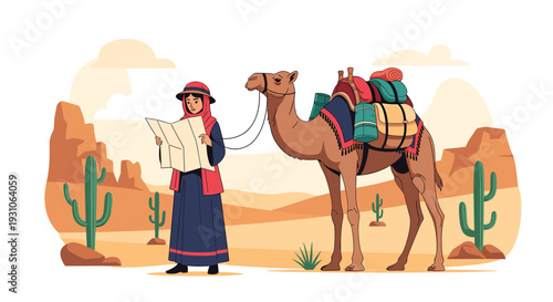 Female traveler exploring desert dunes with a camel, holding an open map amidst cacti and distant rock formations in a sunny landscape.