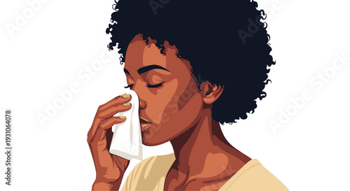 Young Black woman with an afro hairstyle closes her eyes and gently blows her nose into a white tissue on a white background.