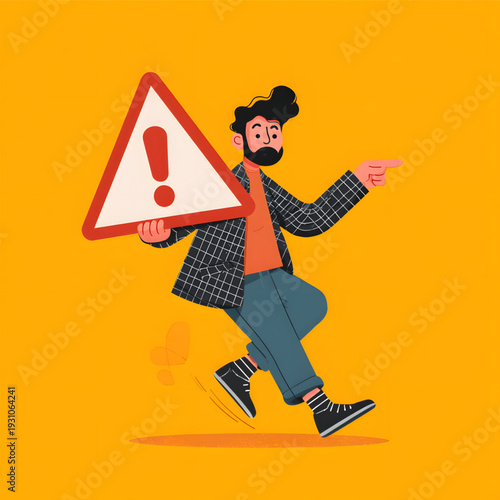 Man holding warning sign running sideways.