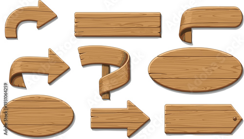 Set of various wooden signboards and arrow indicators featuring realistic wood grain texture and curved ribbon shapes isolated on white background for rustic design