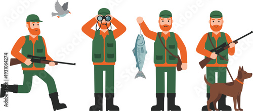 Set of professional hunter and fisherman cartoon characters featuring various activities including bird hunting with rifle and dog catching fish and using binoculars isolated on white