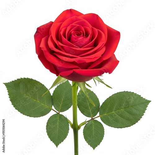 A vibrant red rose with lush green leaves, symbolizing love and beauty.