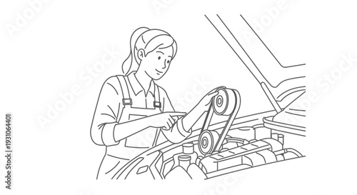 Female mechanic inspecting car engine belt, auto repair service, professional maintenance