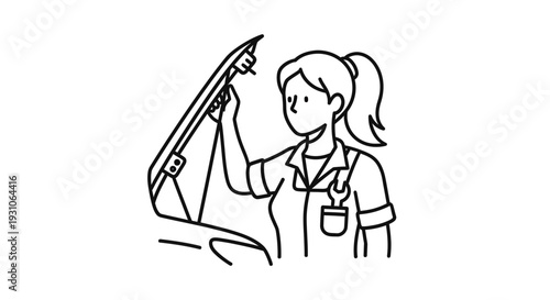 Female Mechanic Inspecting Car Engine Under Open Hood, Diverse Workforce Concept
