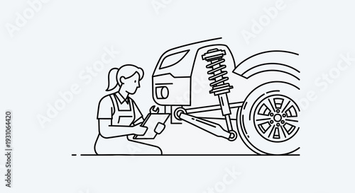 Female mechanic inspecting car suspension system on a clipboard, line art illustration