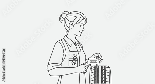 Female Mechanic Inspecting Tire Tread Depth with Digital Gauge, Auto Service
