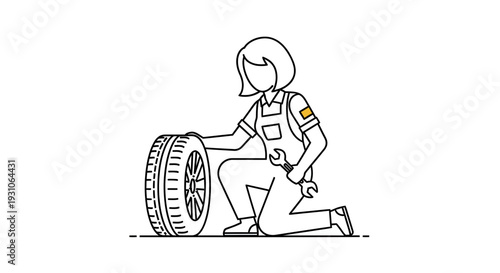 Female Mechanic Inspecting Tire with Wrench, Auto Repair Service, Automotive Industry