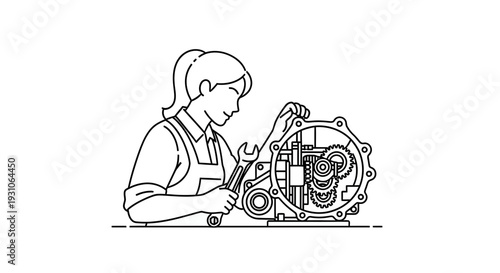 Female mechanic working on car engine gears with wrench, line art illustration