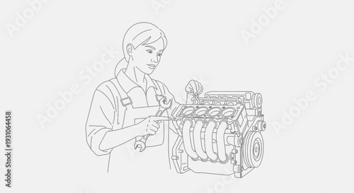 Female Mechanic Working on Car Engine with Wrench, Automotive Repair Concept
