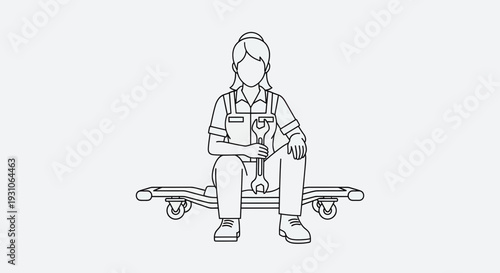 Female Mechanic Sitting with Wrench on Rolling Creeper, Line Art Illustration