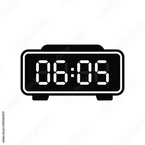 Black 06:05 digital clock flat design icon for precise morning schedules, alarms, and minimalist stickers.