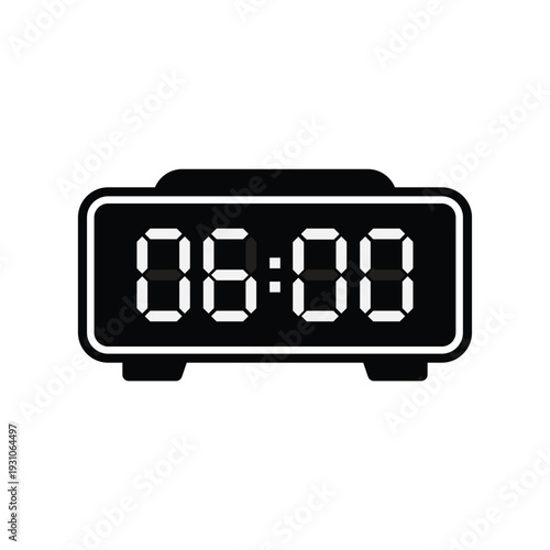 Black 06:00 digital clock flat design icon for morning alarms, schedule tracking, and minimalist stickers.
