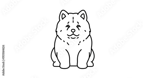 Cute Fluffy Dog Sitting, Simple Line Art Illustration, Adorable Pet Portrait