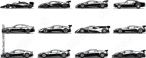 Set of high performance sports car and racing vehicle black silhouettes including formula one supercars exotic coupes and grand tourer isolated on white