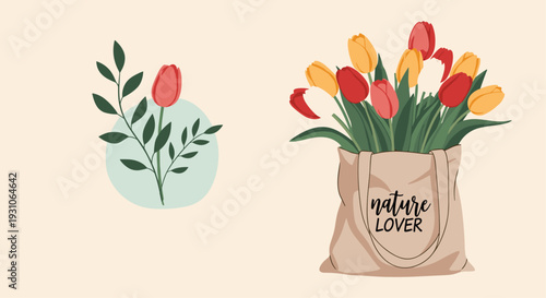 Beautiful floral composition featuring a single tulip branch alongside a fabric tote bag filled with a colorful bouquet of tulips.