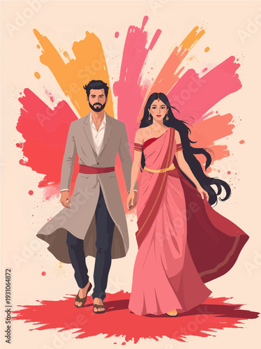Elegant Indian Couple Celebrating Holi Festival in Traditional Attire with Abstract Color Background