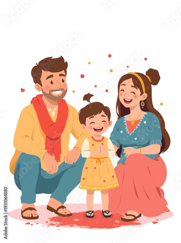 Cute Cartoon Family Illustration Celebrating Holi Festival Together