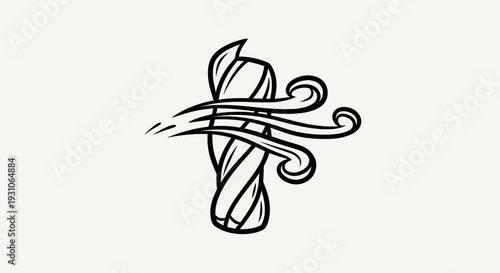 Stylized illustration of a tornado or whirlwind with a cross shape inside, black and white