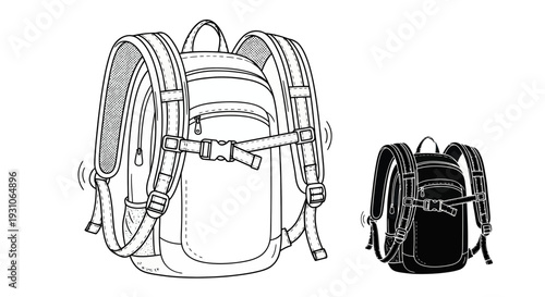 Backpack Line Art and Silhouette, Hiking Gear, Outdoor Adventure Equipment