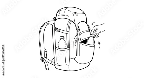 Backpack side pocket with water bottle, outdoor gear, hiking, camping, travel accessory