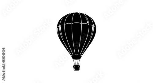 Black hot air balloon silhouette flying against a white background, vector illustration