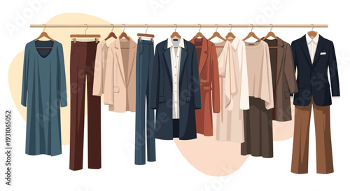 Organized wardrobe rack displaying a wide variety of professional and casual clothing items in neutral tones like beige, brown, and dark navy blue.