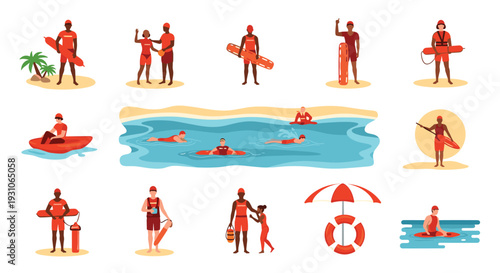 Large set of lifeguard characters performing various safety duties at the beach, including rescues, patrolling, and using professional equipment.