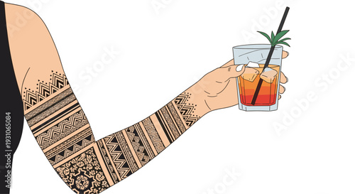 Person with an intricate geometric tribal tattoo on their arm holding a glass of refreshing orange cocktail with ice cubes and a green garnish.