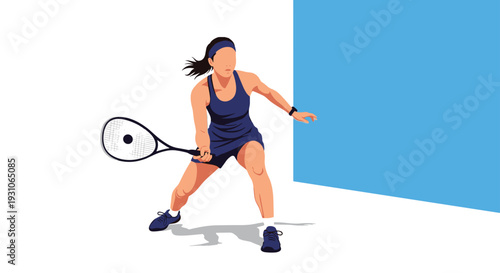 Athletic female player participating in a competitive game of squash, swinging her racket with focus and agility against a blue and white court.