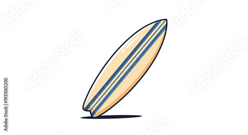 Classic wooden surfboard with blue stripes leaning against a clean white background, symbolizing surfing culture and summer water sports activities.