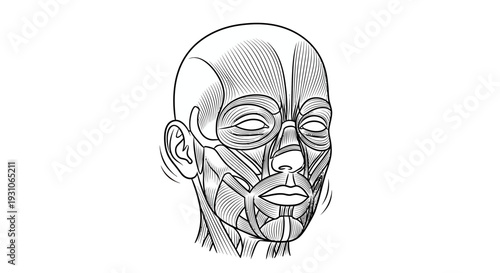 Anatomical illustration of human head muscles, detailed facial musculature, black and white sketch